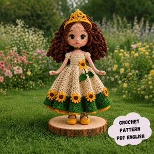 Pode incluir: Uma boneca de crochê artesanal com cabelo castanho encaracolado, vestindo um vestido creme adornado com girassóis amarelos e uma bainha verde. A boneca tem uma coroa amarela e está em uma fatia de madeira. A imagem inclui o texto "CROCHET PATTERN PDF ENGLISH".