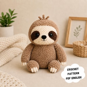 May include: A handmade crochet sloth toy in shades of brown and cream. The sloth has a round head, large dark eyes, and a smiling face. The text "CROCHET PATTERN PDF ENGLISH" is in a white cloud-shaped speech bubble.