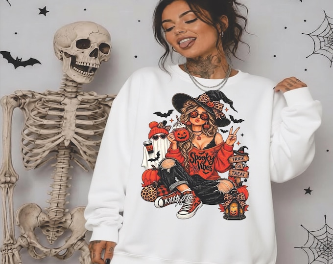 Spooky Girl Witch PNG, Leopard Bow, Pumpkin Ghost, Retro Fall Shirt
