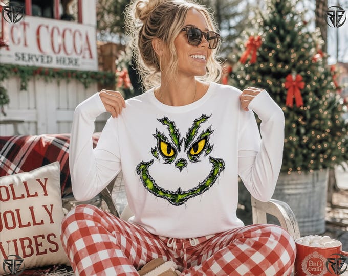 Grinch PNG: 3D Ripped Green Face Design for DTF Printing