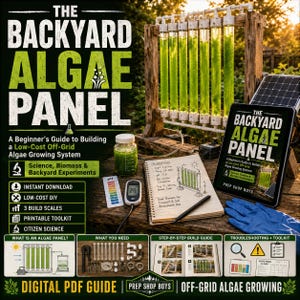 May include: A digital PDF guide titled The Backyard Algae Panel, featuring a wooden frame with vertical clear tubes filled with green algae, a digital pH meter, a notebook with handwritten observations, and a tablet displaying the guide cover.