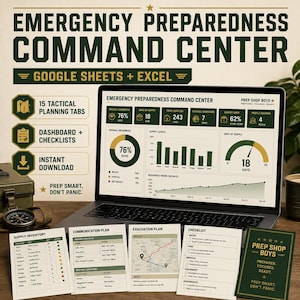 May include: A digital emergency preparedness command center template for Google Sheets and Excel displayed on a laptop screen, featuring data dashboards, supply tracking, checklists, and printed planning cards for communication and evacuation.