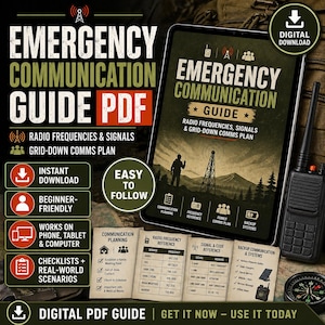 Könnte beinhalten: Ein digitales PDF-Handbuch mit dem Titel "Emergency Communication Guide" auf einem Tablet, mit einem Funkgerät und einem Kompass. Der Leitfaden behandelt Funkfrequenzen, Signale und Grid-Down-Kommunikationspläne. Enthält Checklisten und reale Szenarien.