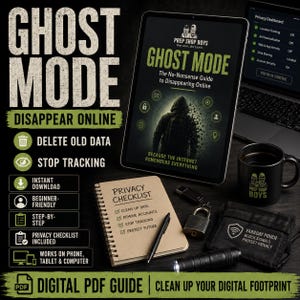 May include: A digital guide titled Ghost Mode: The No-Nonsense Guide to Disappearing Online displayed on a tablet, accompanied by a spiral-bound privacy checklist notebook, a black pen, a metal padlock, a flashlight, and a black Faraday pouch.