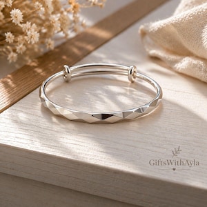 Sterling Silver Faceted Bangle Bracelet – Adjustable Open Cuff, Minimalist Hammered Womens Jewellery with Gift Bag | Personalised Gift Box