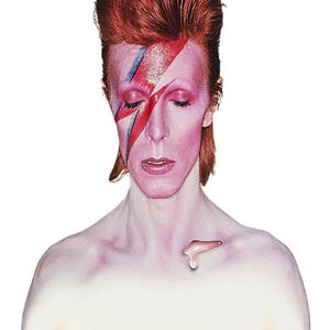 May include: A portrait illustration of David Bowie with vibrant red hair, featuring a prominent red and blue lightning bolt painted across the face. The skin is tinted pink, and a small, light-colored shape rests on the collarbone. Signed Duffy '73.