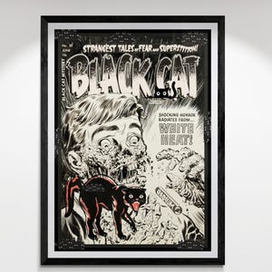 Puede incluir: Una portada de cómic vintage enmarcada titulada Black Cat Mystery No. 50. La ilustración en blanco y negro presenta a una persona angustiada y un gato negro con detalles en rojo. El texto incluye Strangest Tales of Fear and Superstition.