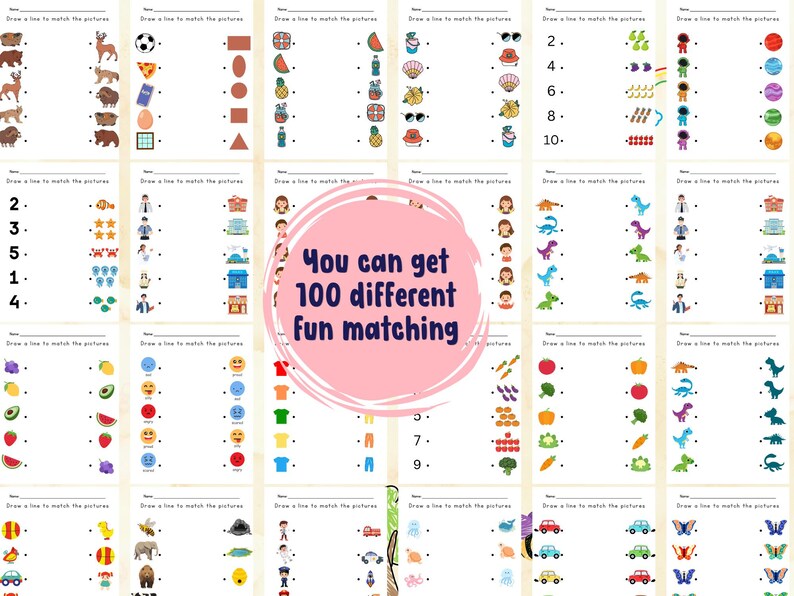 100 Printable Matching Worksheets, Match the Picture, Kindergarten ...