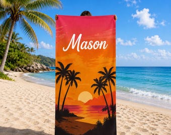 Custom Name Tropical Sunset Beach Towel, Personalized Palm Tree Summer Pool Towel