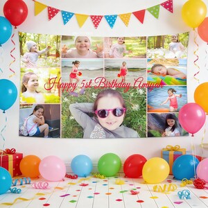 May include: A personalized birthday banner with a collage of photos, the text "Happy 5st Birthday Amiyah", and colorful balloons. The banner is decorated with a festive garland and surrounded by gifts and confetti.
