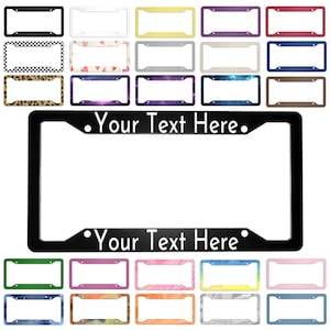 May include: A selection of car license plate frames in diverse colours and patterns, such as black, white, yellow, purple, and red. The frames showcase designs like checkered, heart, and leopard print. A black frame displays the text "Your Text Here."