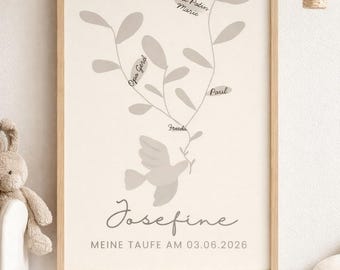 May include: A framed print with a light beige background features a stylized tree design with names and a dove carrying a branch. The name "Josefine" is written in cursive, with the text "MEINE TAUFE AM 03.06.2026" below. The frame is a light wood color.