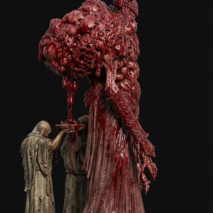 Puede incluir: Una escultura grotesca de una figura monstruosa con una gran cabeza bulbosa y una túnica roja sangre. Dos figuras con capucha sostienen un cáliz, recogiendo la sangre que gotea de la figura principal. La escultura tiene una estética oscura y ominosa.