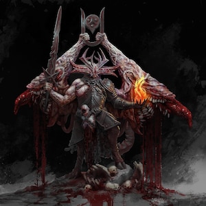 Op de afbeelding: Een digitale illustratie van een demonische figuur met een gehoornde helm, die een brandend object vasthoudt. De figuur is omgeven door groteske, vlezige vleugels en druipend bloed. Het kunstwerk heeft een donker fantasiethema.