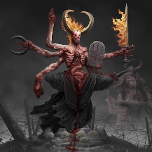 Op de afbeelding: Een digitale illustratie van een demonische figuur met meerdere armen, hoorns en een vlammende kop. Het wezen houdt een vlammend zwaard en een stenen tablet vast. Schedels en prikkeldraad op de achtergrond, donker fantasiethema.