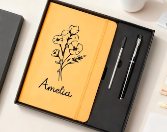 Gepersonaliseerde notitieboekenset, op maat gegraveerd dagboekcadeau, geboortemaand bloemencadeau voor haar, bedrijfsmedewerker kantoorcadeaus