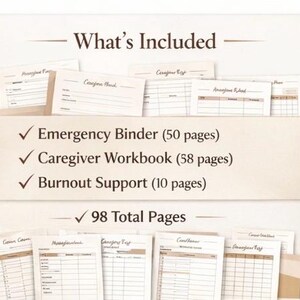 May include: A beige-toned image with the text "What's Included" at the top. Below, it lists an Emergency Binder (50 pages), Caregiver Workbook (58 pages), and Burnout Support (10 pages). The total page count is 98. Several index cards are visible.