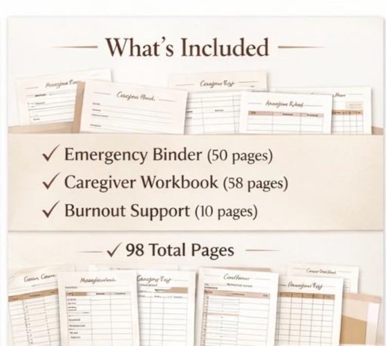 May include: A beige-toned image with the text "What's Included" at the top. Below, it lists an Emergency Binder (50 pages), Caregiver Workbook (58 pages), and Burnout Support (10 pages). The total page count is 98. Several index cards are visible.