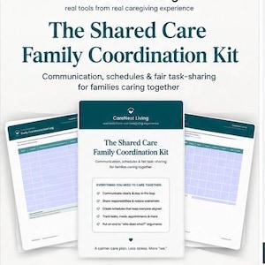 May include: The Shared Care Family Coordination Kit by CareNest Living is a 17-page fillable and printable document set. It includes a daily communication log and scheduling templates with dark teal and white text on a light background.