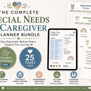 Puede incluir: Un paquete de planificador digital para necesidades especiales y cuidadores. La imagen muestra una tableta que muestra una descripción general del cuidado diario, junto con páginas imprimibles para el seguimiento de medicamentos, citas, seguimiento del comportamiento y autocuidado.