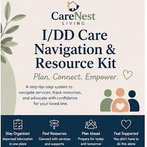 Pode incluir: Um gráfico informativo do CareNest Living I/DD Care Navigation & Resource Kit. O texto diz: Plan. Connect. Empower. Um sistema passo a passo para navegar por serviços, rastrear recursos e defender com confiança o seu ente querido.