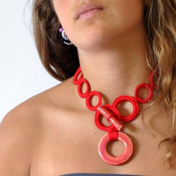 Modern Crochet necklace / Red fashion necklace / Choker Ceramic Necklace  / Modern Jewelry / Crochet jewelry  / Gift for Christmas