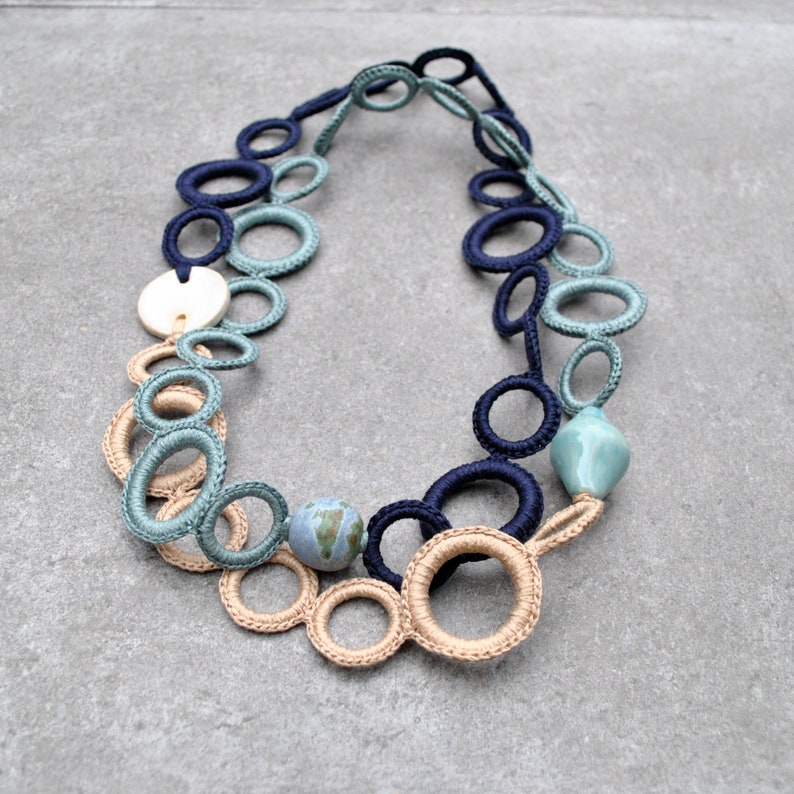 Crochet necklace Modern textile necklace Cotton and ceramics beads Urban chic Crochet jewelry Fiber jewelry Gift for her