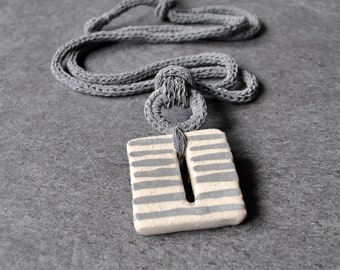 Striped ceramic necklace / Silver necklace with square ceramic pendant / Handmade unique necklace / Geometric jewelry / Gift for her