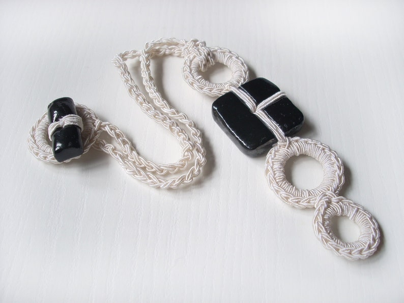 Black and white ceramic necklace , square ceramic pendant, modern geometric pendant necklace with textile chain image 2