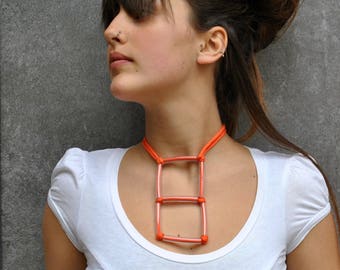 Minimal fabric Necklace  / Cotton geometric necklace / Square pendant / Plastic and fiber necklace / Minimal jewelry / Geometric jewelry