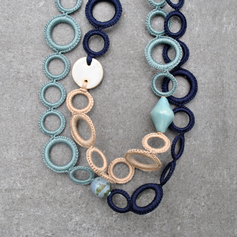 Crochet necklace Modern textile necklace Cotton and ceramics beads Urban chic Crochet jewelry Fiber jewelry Gift for her
