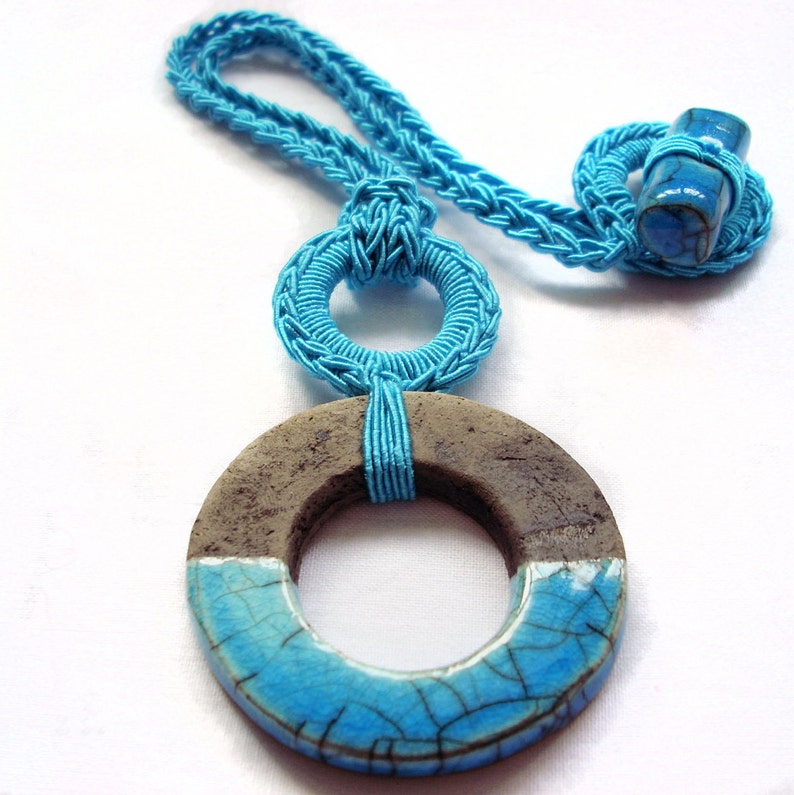 Geometric necklace / Ceramic necklace / Circle raku ceramic pendant / Geometric modern Jewelry / Turquoise Necklace / Modern Necklaces image 2