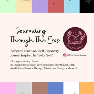 以下が含まれることがあります： 「Journaling Through the Eras」というテキストと、Taylor Swiftにインスパイアされたメンタルヘルスと自己発見ジャーナルの説明が書かれたカラフルなジャーナルカバー。12のエラにわたる24曲と26の治療的ファクトが含まれています。