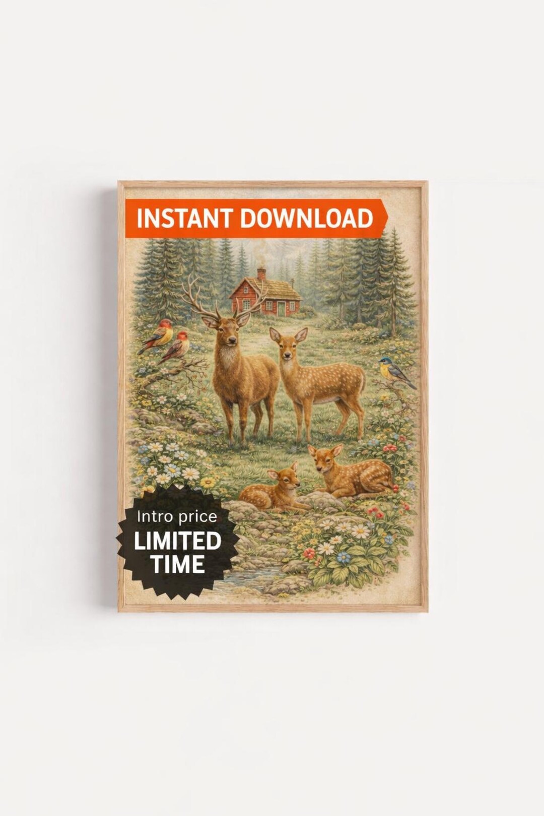 Vintage Deer Family Forest Art Print, Scandinavian Cottage Wall Art ...