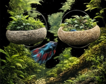 Betta Fish Tank Planter, Aquarium Plant Holder for Betta, Floating Cup Decor, Natural Stone Suction Cup Planter, Small Fish Tank Decor