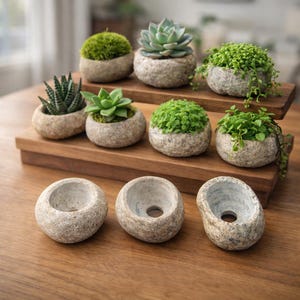 Succulent Planter Natural Stone, Mini Succulent Pots Handmade, Tiny Pebble Planter, Desk Plant Decor, Gift for Plant Lovers, Small