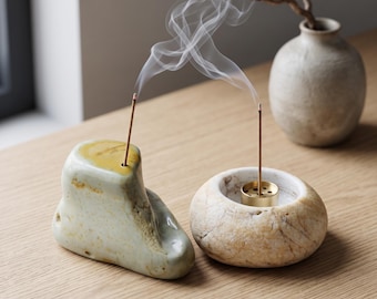 Natural Stone Stick Incense Holder: Brass Insert Ash Catcher Tray & Zen Meditation Decor
