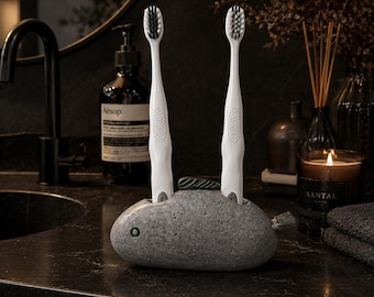 Toothbrush Holder Stone, Fish Toothbrush Holder, Animal Bathroom Decor, Natural River Stone, Handmade Bathroom Organizer