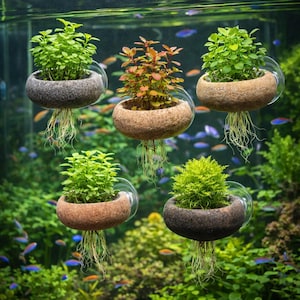 May include: Five small aquatic plant arrangements in round, textured pots with clear glass attachments. The plants have green foliage and long, white roots, suspended in an aquarium with colorful fish and green plants in the background.