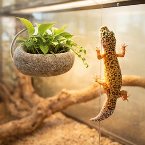 Op de afbeelding: Een kleine, ronde stenen plantenbak met groene planten hangt in de buurt van een luipaardgekko die zich aan glas vastklampt. De gekko heeft een geel en bruin gevlekt patroon. Een houten tak staat op de achtergrond.