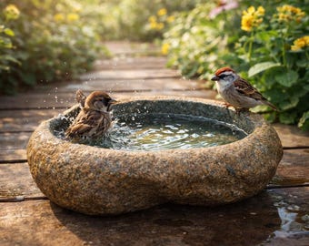 Stone Bird Bath, Natural Pebble Water Bowl, Handmade Garden & Balcony Decor