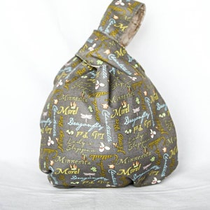 Japanische Knotentasche, Projekttasche, Wendetasche, Wort, Minnesota, Blumen, Libelle, grau, hellbraun