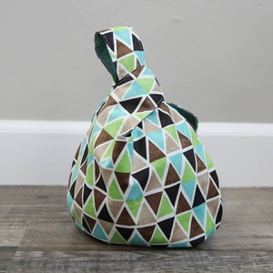 Japanese Knot Bag, Reversible, Project Bag, triangles, brown, aqua, teal, white, geometric