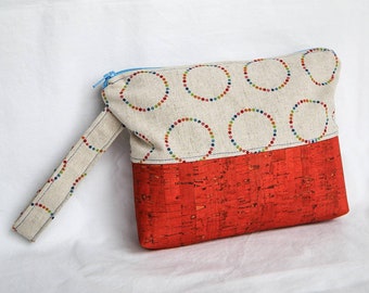 Linen And Cork Wristlet, Clutch, Handbag, Purse, change pouch, wallet, rainbow clutch, cork purse, orange,