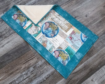 Table Runner, Table topper, quilted table runner, Dresser Scarf, Quilted table runner, atlas, map, geography, grunge, cream, ecru