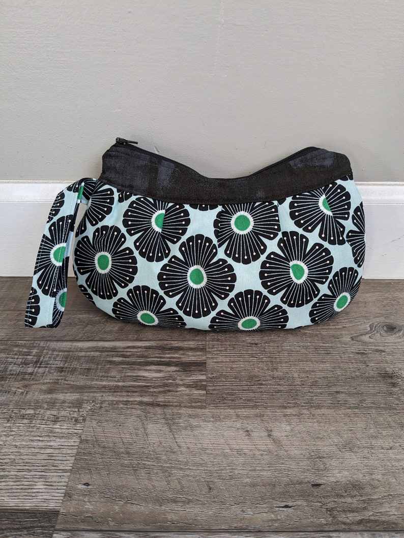 Buttercup Zipper Clutch Bag Purse, Pouch, Cosmetic Bag, Makeup Bag, Clutch, Buttercup Bag, Wristlet, zipper bag, black, green, flower damask image 1