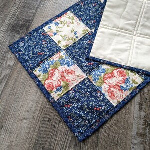 Mini Quilt, Table topper, table runner, reversible runner, mini dresser scarf, flower runner, Mackinac Island, blue, cream, flowers image 3