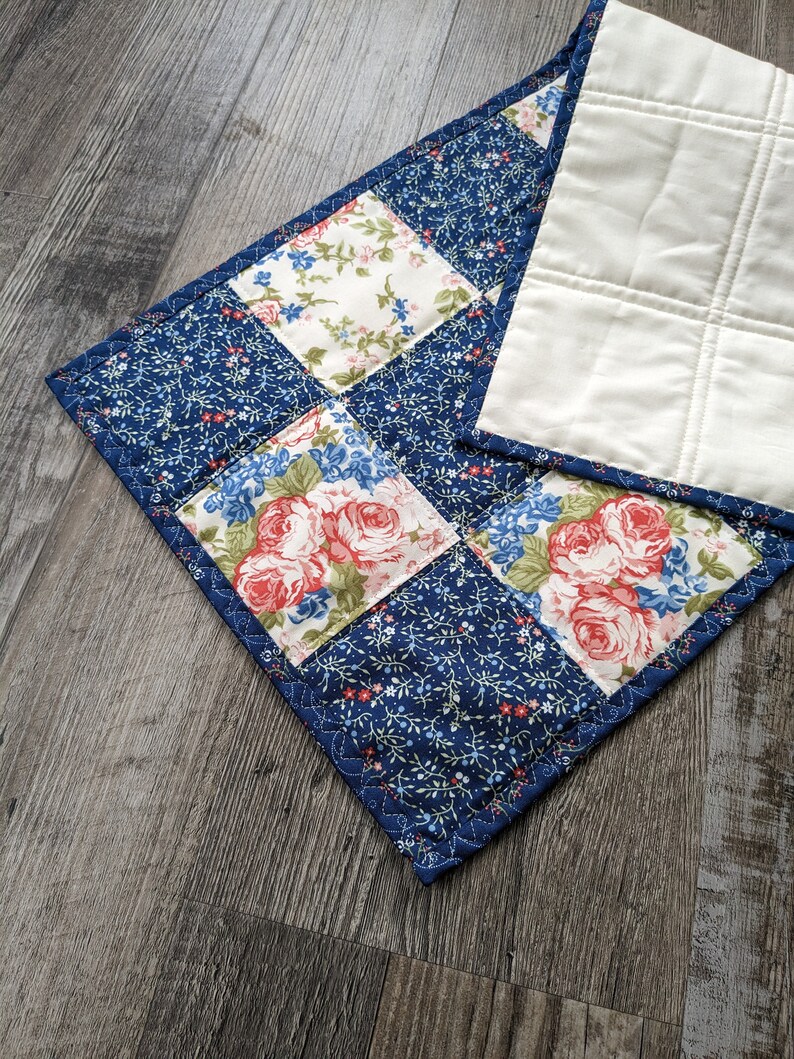 Mini Quilt, Table topper, table runner, reversible runner, mini dresser scarf, flower runner, Mackinac Island, blue, cream, flowers image 3