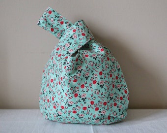 Japanese Knot Bag, Reversible, Project Bag, flowers, roses, gray, pink, damask