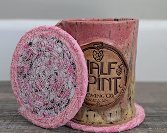 Clothesline Coasters, Coasters, Coiled Coasters, Scrappy Coasters,  Fabric coasters, Set of 2, pink, flowers, spring